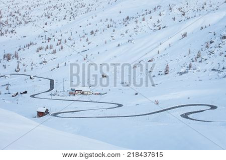 Winter morning landscape of Passo Giau Dolomites Italy