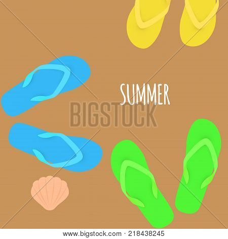 Summer time. Slippers on sand. Banner. Vector illustration