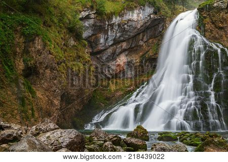 Beautiful Golling Waterfall And Near Golling And Salzach Medieval Town At Autumn