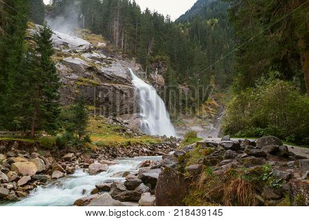 Beautiful Golling Waterfall And Near Golling And Salzach Medieval Town At Autumn