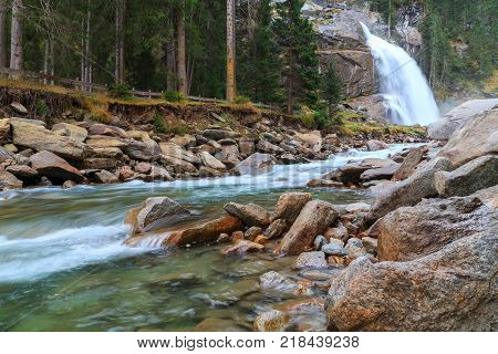 Beautiful Golling Waterfall And Near Golling And Salzach Medieval Town At Autumn