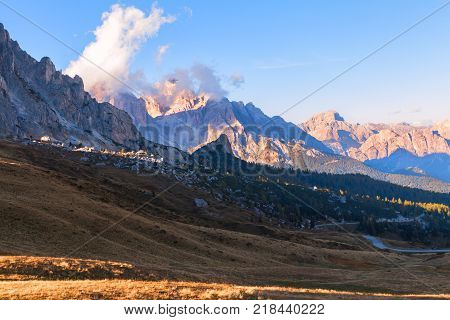 Dolomites mountains the Passo di Giau Monte Gusela at behind Nuvolau gruppe in South Tyrol Italy