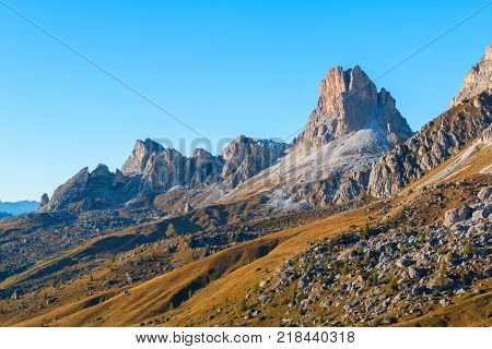Dolomites mountains the Passo di Giau Monte Gusela at behind Nuvolau gruppe in South Tyrol Italy