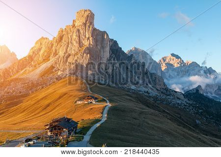 Dolomites mountains the Passo di Giau Monte Gusela at behind Nuvolau gruppe at sunset in South Tyrol Italy