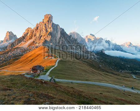 Dolomites mountains the Passo di Giau Monte Gusela at behind Nuvolau gruppe at sunset in South Tyrol Italy