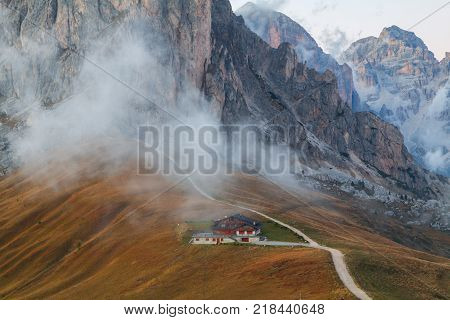 Dolomites mountains the Passo di Giau Monte Gusela at behind Nuvolau gruppe at sunset in South Tyrol Italy