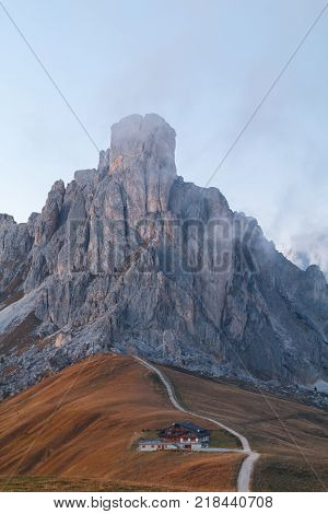 Dolomites mountains the Passo di Giau Monte Gusela at behind Nuvolau gruppe at sunset in South Tyrol Italy