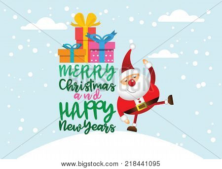 Cartoon Santa claus with a gift of toys in front winter backgroundChristmas Typographic Vector Illustration