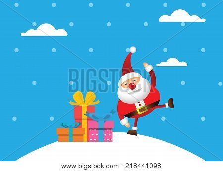 Cartoon Santa claus with a gift of toys in front winter backgroundChristmas Typographic Vector Illustration