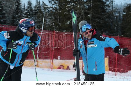 VAL GARDENA, ITALY - DECEMBER 14:  Coach Scotty Venis from Team USA with Steven Nyman of The USA during pre race course inspection for the Saslong course during the Audi FIS Alpine Ski World Cup