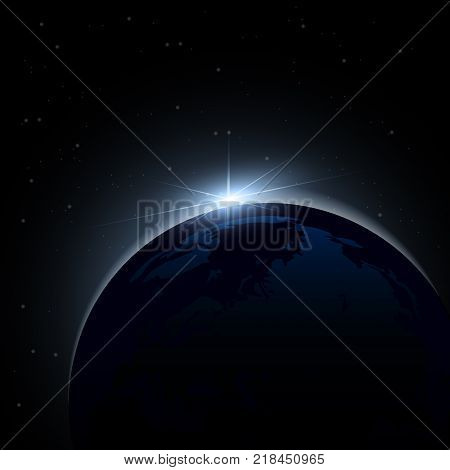 Dawn from space. Dawn from space. Rising sun behind the earth. Vector background