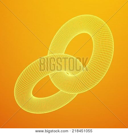 Wireframe polygonal element. 3D Torus chain with lines and dots abstract vector background