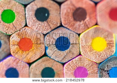 A lot of colored pencils close up macro shot.