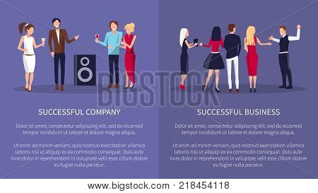 Successful business and company two posters with people having fun at disco. Vector illustration with colleagues at party on violet background