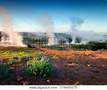 Erupting of the Great Geysir lies in Haukadalur valley on the slopes of Laugarfjall hill. Southwestern Iceland Europe. Artistic style post processed photo.