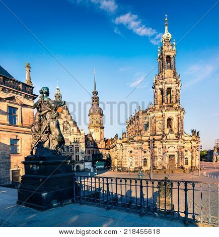 Morning scene in historical center of the Dresden Old Town. City scape of capital and royal residence for the Electors and Kings of Saxony Germany Europe.  