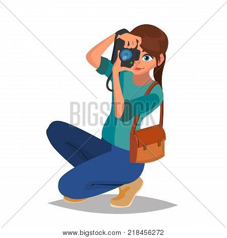 Photographer Girl Vector. Photographic Camera. Reporter, Journalist, Blogger Paparazzi Cartoon Character Illustration