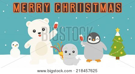 Merry christmas neon light with arctic animals party on snowfield, snowman, polar bear, seal with popper and glass of champagne, flat design