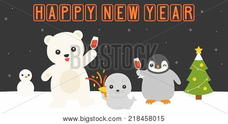 Happy new year retro neon led light, and arctic animals party with new year popper on snowfield for countdown, flat design