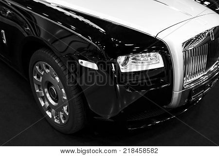 Sankt-Petersburg Russia July 21 2017: Front view of a Luxury car Rolls-Royce Phantom. Black and white. Photo Taken on Royal Auto Show July 21