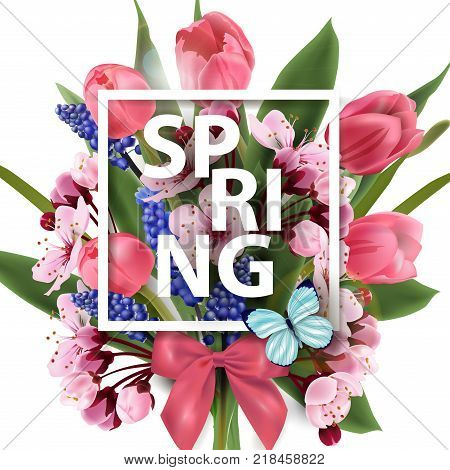 Spring background with blooming spring flowers, pink tulips, cherry blossoms. Vector Template for birthday cards, mothers day card spring background, banner invitations. banners, brochures, flyers.