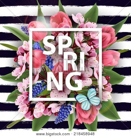 Spring Background With Blooming Spring Flowers, Pink Tulips, Cherry Blossoms. Vector Template For Bi