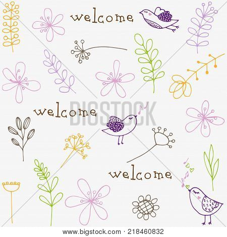 doodle floral elements spring background with birds
