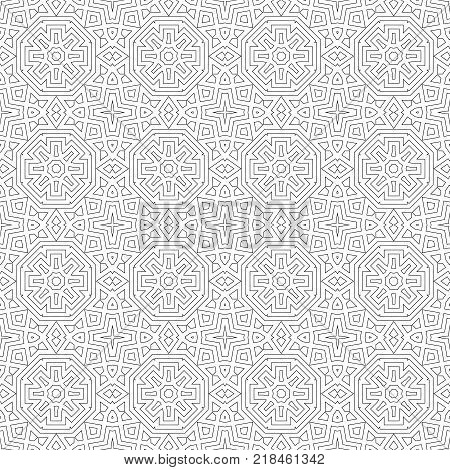 Thin lines. Black and white seamless patterned background. Vector illustration. Repeating abstract background with stylized flowers. Modern stylish texture.