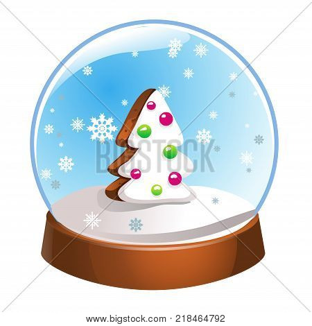Snow globe with Christmas fir tree inside isolated on white background. Christmas magic ball. Snowglobe vector illustration. Winter in glass ball crystal dome icon