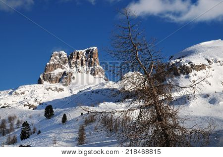 Beautiful Landscape of Mount Averau at Passo Falzarego in the Italian Dolomites. Winter season. Veneto, Italy.