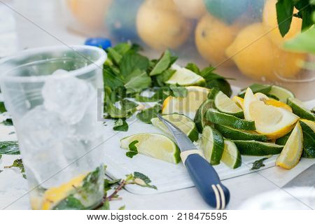 Ingredients for a refreshing mojito cocktail. Close-up