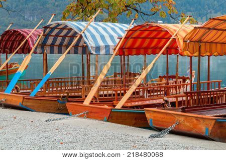 Lake Bled and traditional wooden Pletna at autumn in Slovenia