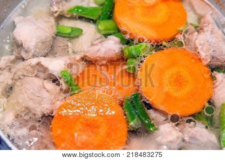 Close-up of cooking healthy dietic soup on gas stove