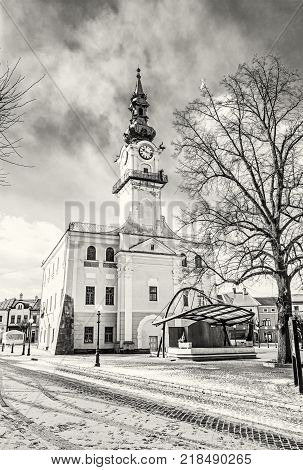 Historic town hall in main square Kezmarok Slovak republic. Winter scene. Architectural theme. Travel destination. Black and white photo.