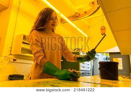 Young Female Engineer Printing Specialist Measuring Checking Colors Quality Booth Color Management I