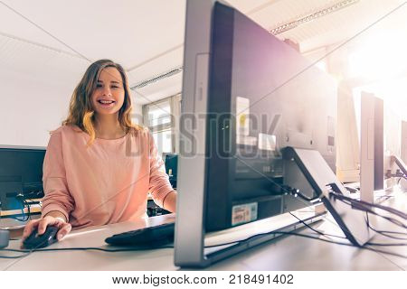 Young Female Engineer Printing Specialist Measuring Checking Colors Quality Booth Color Management I