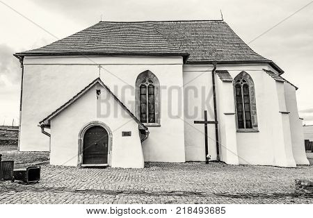 Roman catholic church of St. Anna Strazky Slovak republic. Religious architecture. Travel destination. Black and white photo.