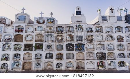 Ica Peru - August 2017: Above the ground tombs in the Ica cemetery in Peru