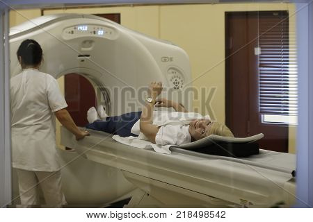 City of Gomel Belarus May 31 2017.Main medical hospital.An unknown woman is made magneto-resonant therapy.Medical examination of the body