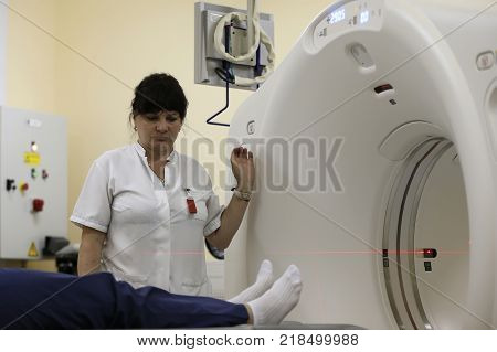 City of Gomel Belarus May 31 2017.Main medical hospital.An unknown woman is made magneto-resonant therapy.Medical examination of the body