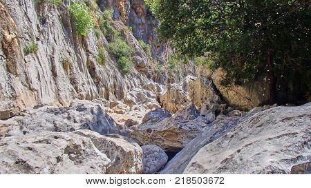 Views of large boulders in a canyon on the Spanish Balearic island of Majorca