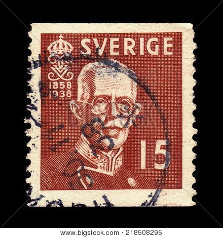 SWEDEN - CIRCA 1938: stamp printed in Sweden, shows portrait of King Gustav V, King of Sweden, (Oscar Gustaf Adolf 16 June 1858 - 29 October 1950), circa 1938