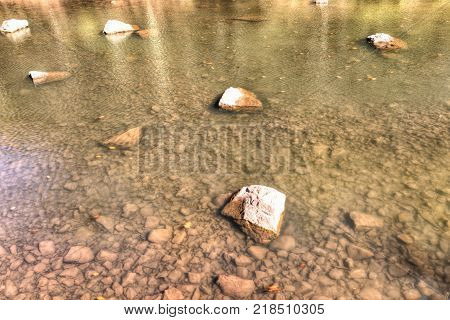 Williams River In Autumn With Stones, Bridge And Highland Scenic Highway Road In West Virginia Monon