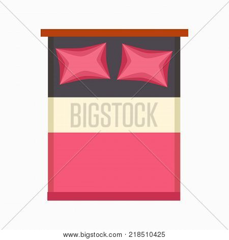 Luxury double bed with pink cover and pillows, white blanket and black sheet. Vector illustration of sleeping place isolated on white background
