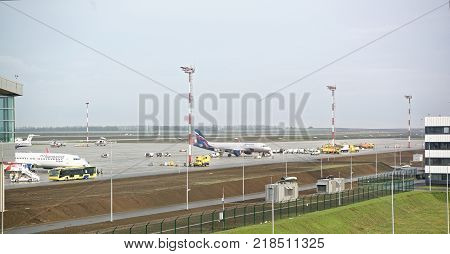 Rostov-on-DonRussia - December 162017: Airport Platov built for the FIFA World Cup 2018. Technicians serve aircraft