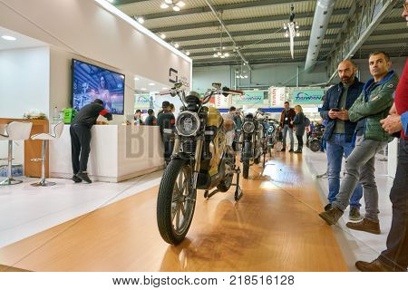 MILAN, ITALY - NOVEMBER 11, 2017: Super Soco stand during EICMA 2017 - 75th International Motorcycle Exhibition