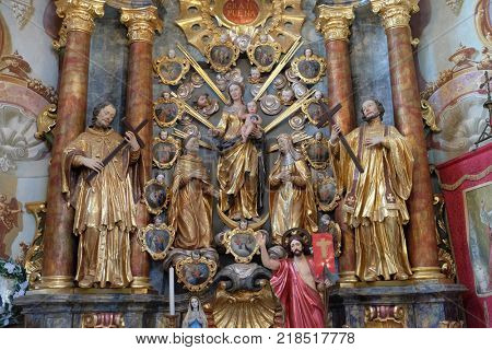 BELEC, CROATIA - JULY 09: The altar of Holy Rosary in the Baroque Church of Our Lady of the Snow in Belec, Croatia on July 09, 2016.