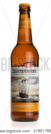 GRONINGEN, NETHERLANDS - DECEMBER 16, 2017: Bottle of Stortebeker Bernstein Weizen wheat beer isolated on a white background