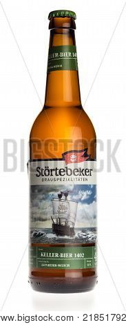 GRONINGEN, NETHERLANDS - DECEMBER 16, 2017: Bottle of Stortebeker Keller beer isolated on a white background