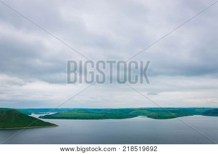 Aerial View On The Dniester Canyon, River And Bakota Bay In National Park Podillya Tovtry. Location